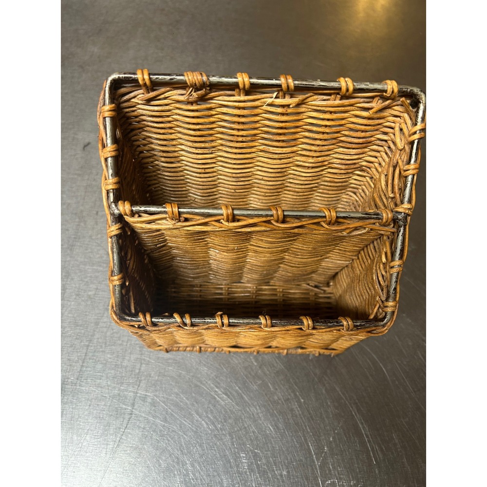 Vintage Wicker Desk Organizer Letter Holder Two Tier Metal Frame Brown Rustic